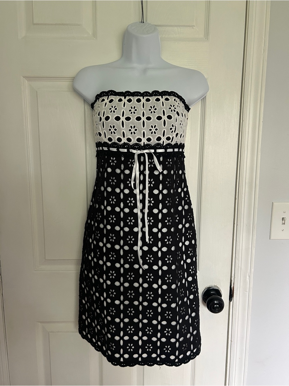 Ruth Strapless Black and White Eyelet Midi Dress with Tie Waist